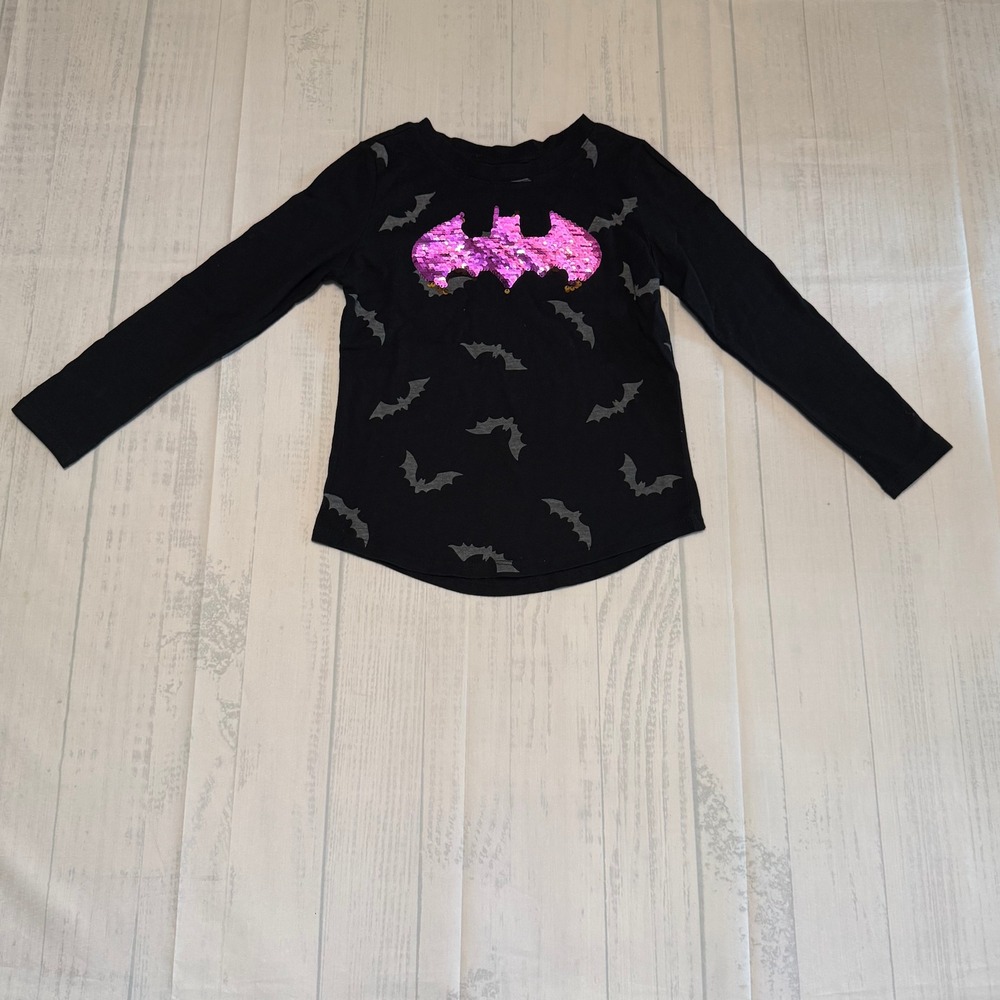 Batman Girls Long Sleeve Flip Sequin Bat Logo Shirt Black Pink Size S 6/6X